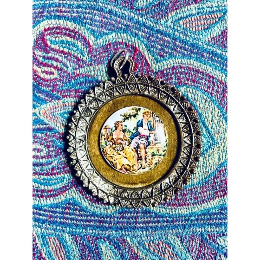 Vintage Porcelain Courting Couple Brooch Pendant Ornate Silver Tone Frame